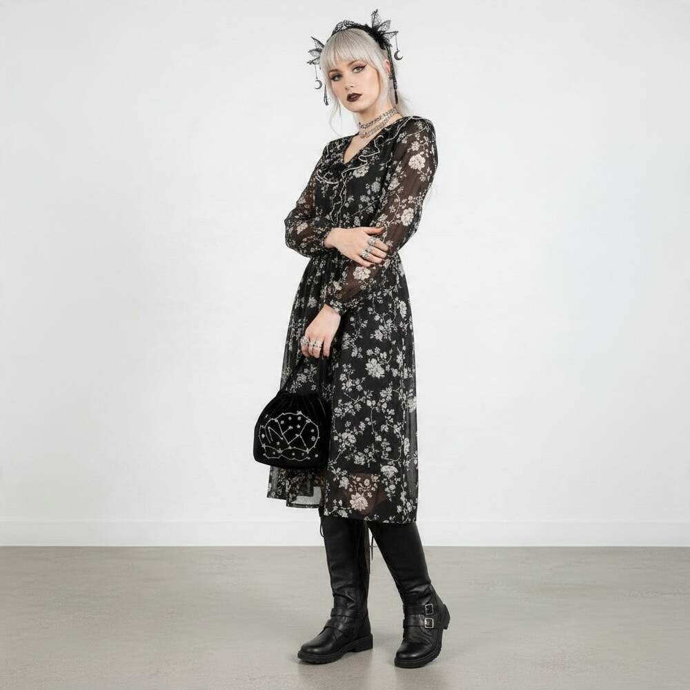 Vintage 70s Black Floral Midi Dress, Ruffle Collar, Long Sleeve Romantic Dress